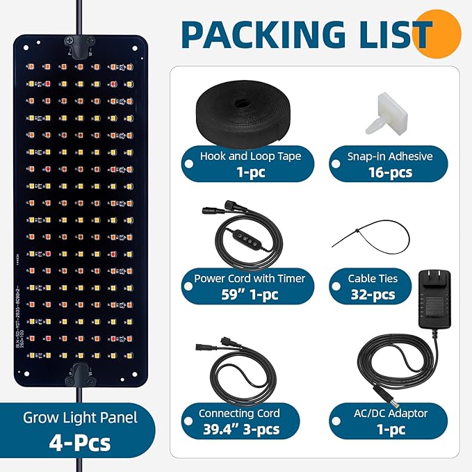 Barrina Grow Lights Panel for Indoor Plants, 40W (4 x 10W), Full Spectrum, Ultra-Thin, with 3/6/12H Auto On/Off Timer, 8 Dimmable Levels, 3 Spectrum Modes, for Greenhouse, Seedlings, 4-Pack