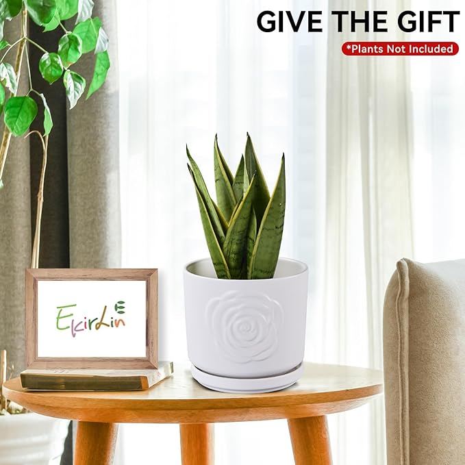 Ekirlin 7 Inch Plant Pots, Ceramic Rose Flower Planters Indoor, Modern Succulents Containers with Drain Hole Saucer, Weatherproof Pot for Home Decorate, Outdoor & Garden (White)