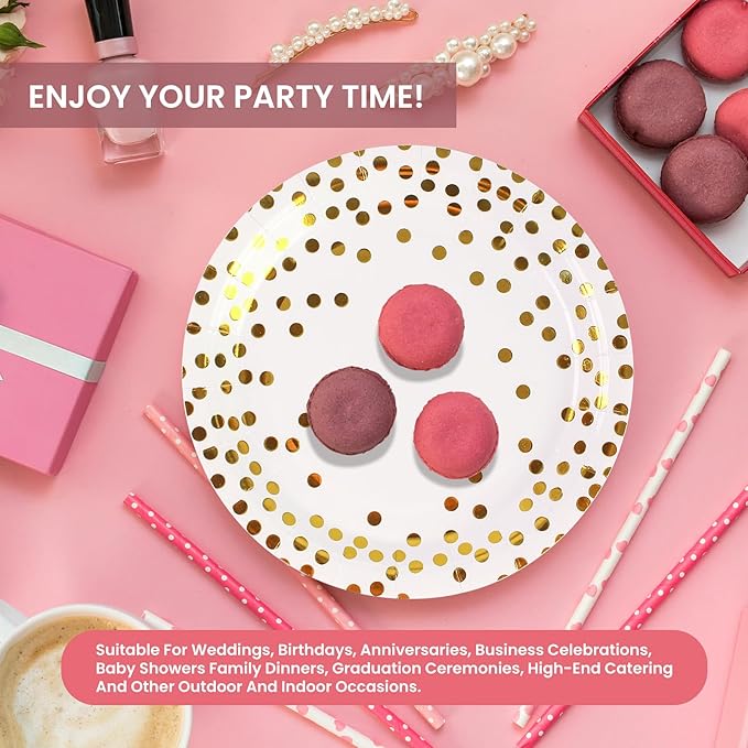 75PCS Paper Plates and Napkins Set - White and Gold Dot Disposable Party Dinnerware Includes Paper Plates, Napkins, Forks Decorations for Birthdays, 2025 Graduations, Weddings and Holidays, Serves 25