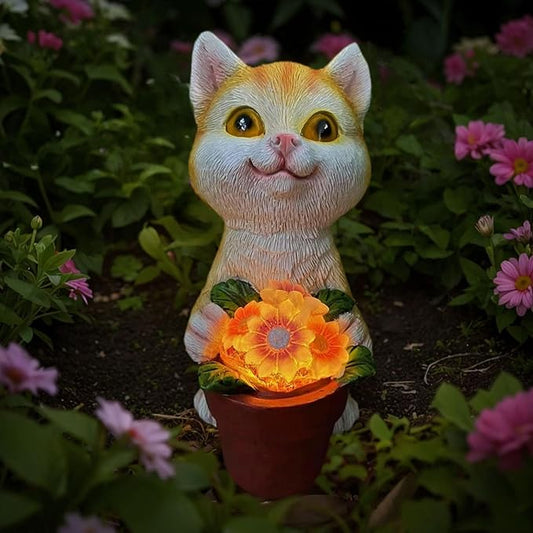 YODY Solar Garden Statues Outdoor Decor- Yard Decorations for Patio, Balcony, Backyard, Lawn Ornaments - Cat Statue with Flower Pot- Unique Cat Lover Gifts for Mom, Grandma, Women