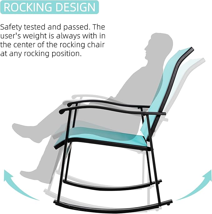 Vongrasig 3 Piece Outdoor Rocking Bistro Set, Textilene Fabric Small Patio Furniture Set, Front Porch Rocker Chairs Conversation Set with Glass Table for Lawn, Garden, Balcony, Poolside (Blue)