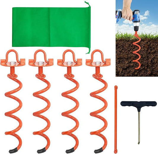 MIXXIDEA 11.4 Inch Gound Anchors Screw in, Metal Spiral Earth Anchors Kit, Heavy Duty Folding Ring Spiral Dog Tie Out Stake, Ground Stakes for Tent Trampolines, Garden Fence, Sheds, Swings (Orange)