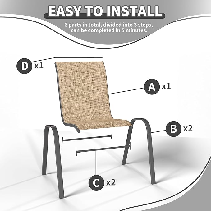 Patio Dining Chairs Set of 4, Stackable Dining Chairs High Back, Breathable Seat Fabric and Alloy Steel Frame Fit Backyard, Porch, Lawn，Poolside (Beige)