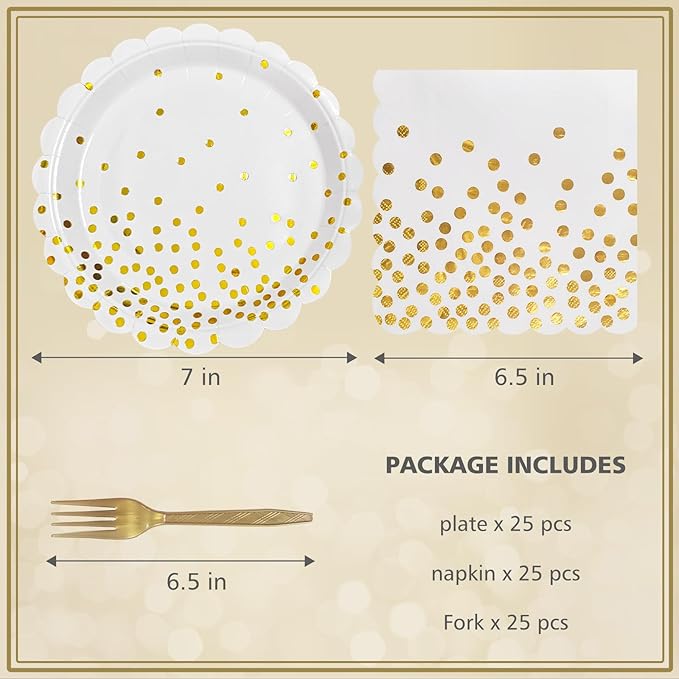 White and Gold Paper Plates and Napkins,7 Inch White and Gold Scalloped Disposable Dessert Plates Paper Napkin Fork Party Supplies for Wedding Baby Shower Birthday(25 Guest)