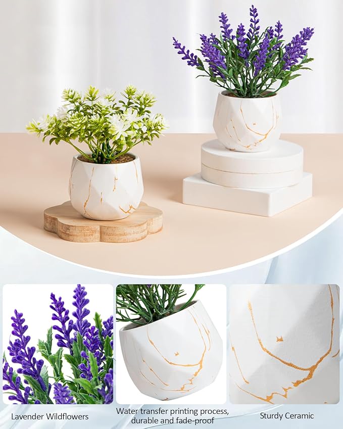 2 Pack Artificial Pot Flowers Small Fake Plants, Artificial Lavender & Wildflower Potted Plants, Fake Mini Plants for Home Decor, Tabletop, Shelf, Office, Bathroom, Farmhouse
