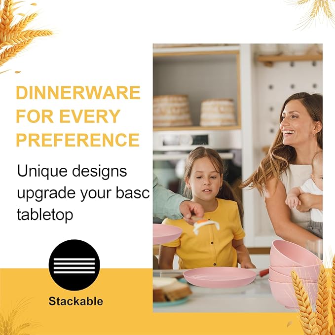 Rubtlamp 16Pcs Plastic Wheat Straw Dinnerware Set, Reusable Plastic Plate Set for 4, Kitchen Plates And Bowls Set (Pink) Include Dinner Platos, Dessert Platos, Cereal Bowls, Cups for Daily, Camping