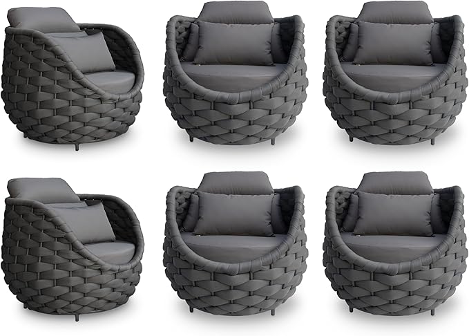 6 Pcs Patio Rope Accent Chair: Aluminum Single Lounge Armchair - Large Woven Chair Cushioned - Modern Arm Chair Assembled for 400lbs Outdoor Lanai Deck Balcony Porch Yard Garden Hotel, Dark Gray