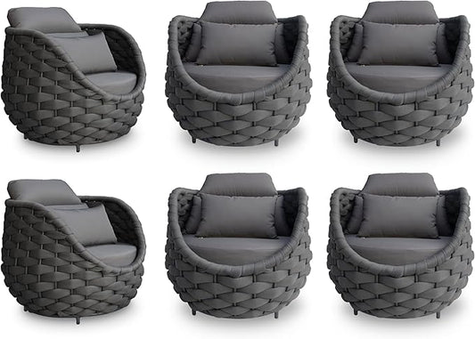 6 Pcs Patio Rope Accent Chair: Aluminum Single Lounge Armchair - Large Woven Chair Cushioned - Modern Arm Chair Assembled for 400lbs Outdoor Lanai Deck Balcony Porch Yard Garden Hotel, Dark Gray