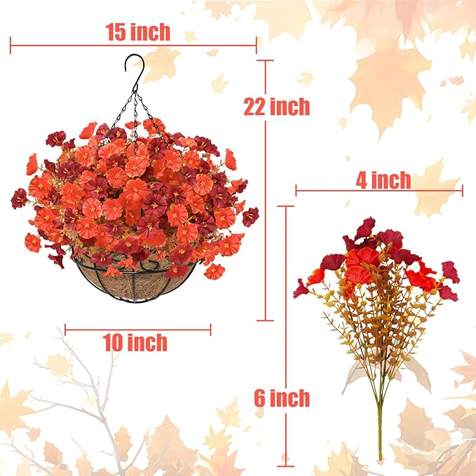 2 Set Artificial Hanging Flowers Plants Basket for Outdoors Fall Decorations, 24 Pcs UV Resistant Faux Morning Glory Fake Petunias with 2 Hanging Planter for Home Porch Balcony Garden Decor