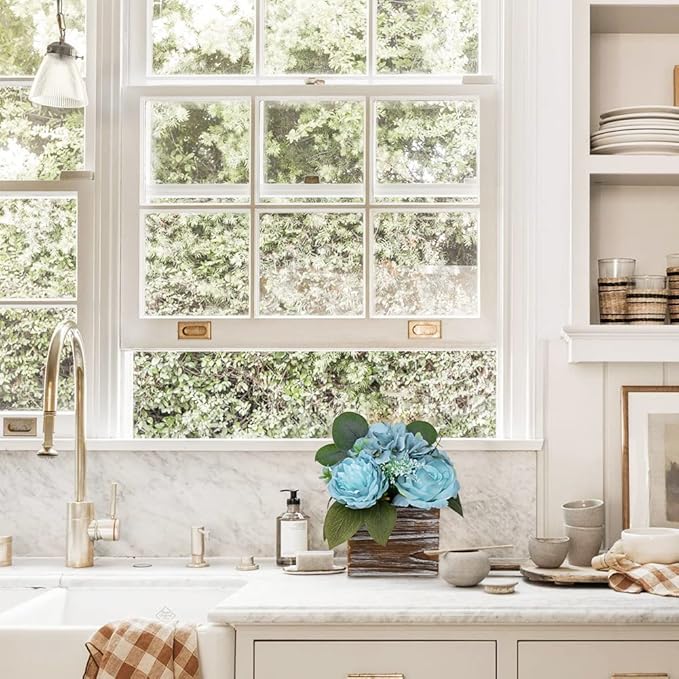 DILATATA Flower Arrangement with Wooden Vase 8" Artificial Flowers in Pot - Fake Flowers Roses Peonies Hydrangeas in Wooden Vase Potted Flower Centerpieces for Table Decor Living Room - Dusty Blue