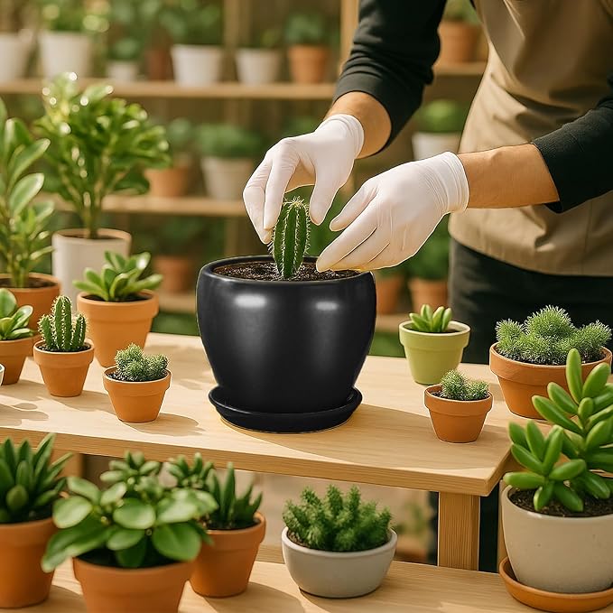 6 Inch Plant Pot - Ceramic Planter with Drainage Hole and Trays, Modern Round Flower Pot, Planters for Indoor Outdoor Plants, Home Garden Decor, Black
