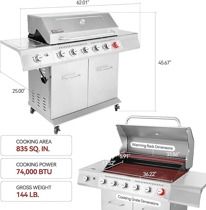 Royal Gourmet GA6402S 6-Burner Propane Gas Grill with Side Burner and Warming Rack, 74,000 BTUs, Cabinet Style Outdoor BBQ Grill for Barbecue Grilling & Backyard Cooking, Silver