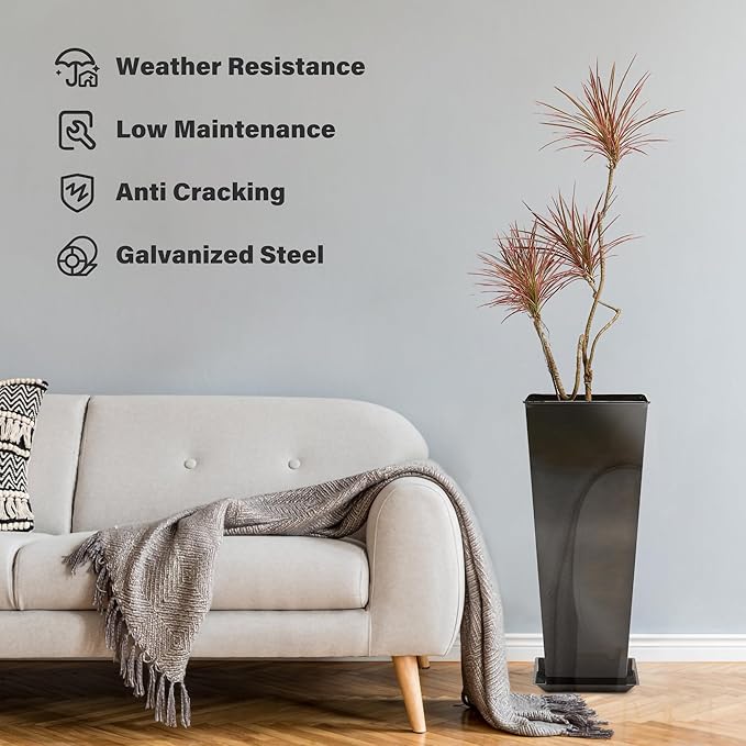 KOL 28''H. Tall Galvanized Steel Glazed Planter with Insert, Set of 2, Planter Pots for Indoor & Outdoor Use, Decorative Flower Plant Pots with Drainage Hole for Front Porch, Patio, Deck - Black