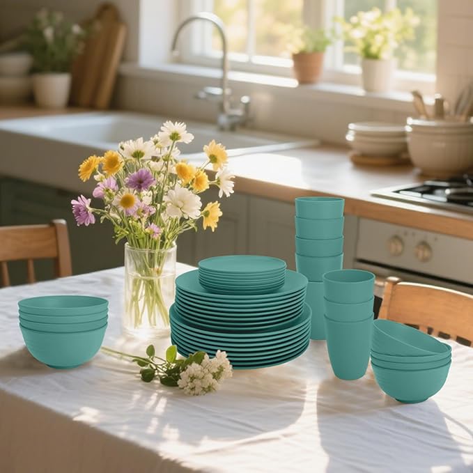 Dinnerware Sets 40 PCS Wheat Straw Plates and Bowls Sets With Cups | Service for 8 | Alternatives to Plastic Dinnerware Set Microwave Safe Dishese Set for RV Outdoor Activities Travel - Green
