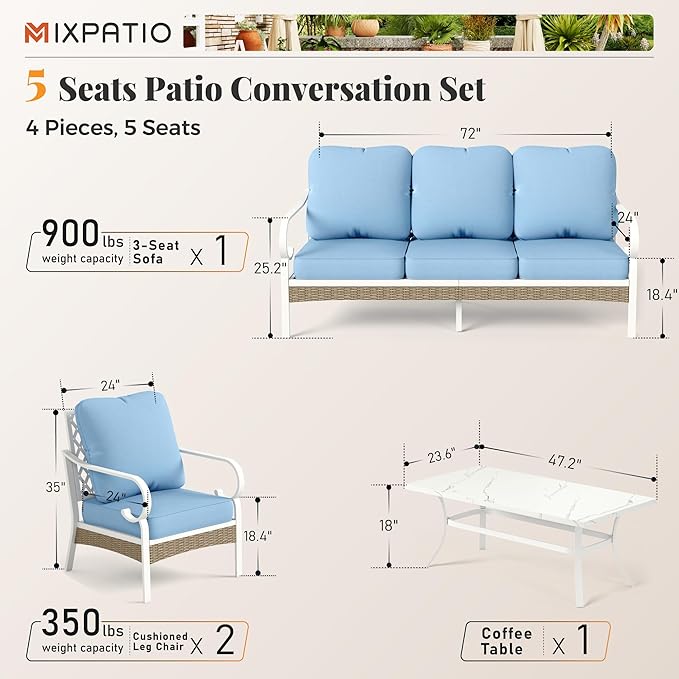 4 Piece Patio Furniture Set, 2 x Fixed Chair, 1 x 3-Seat Sofa with Marbling Coffee Table, All Cushioned 5 Seats Outdoor Conversation Set for Lawn Garden Backyard, Blue