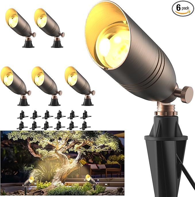 ZONEGRACE Solid Brass 12V Low Voltage Landscape Lighting,Heavy-Duty Waterproof Outdoor LED Spotlights Fixtures with Connectors, Bronze Uplights & Accent Lights,MR16 Bulb Not Included (Classic,6 Pack)