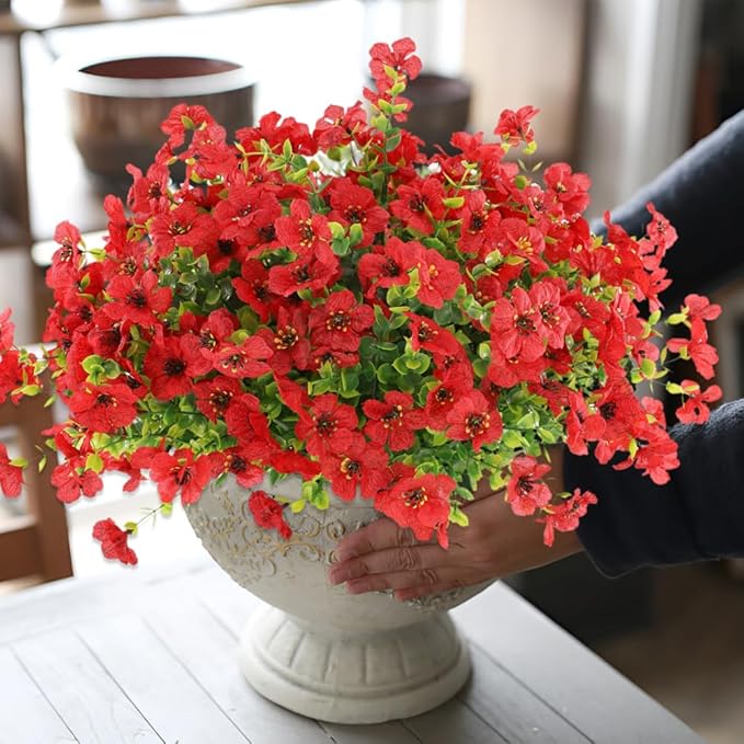 Artificial Fake Flowers Outdoor Spring Summer Decoration, 16 Bundles Faux Eucalyptus Violet Realistic UV Resistant for Outside Home Planter Porch Patio Yard Decor (Red Eucalyptus)