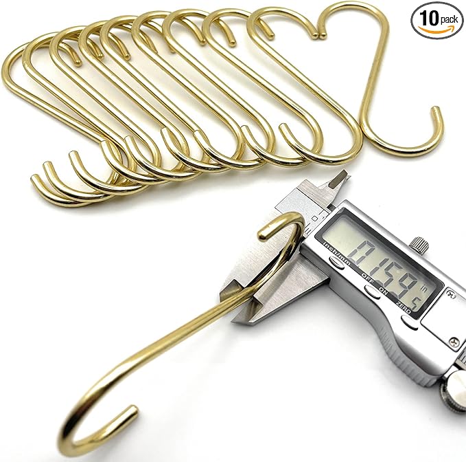 Solid Copper Brass S Hooks Pan Pot Holder Rack Hangers Round-End S Shaped Hooks for Hanging Coffee Mugs Kitchenware Utensils Rail Jeans Pants Clothes Bags