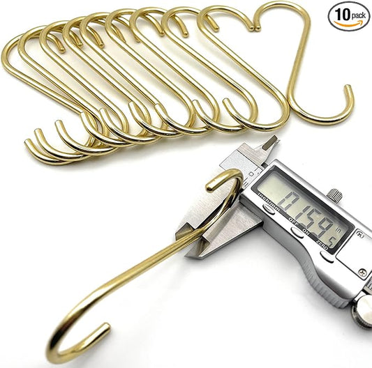 Solid Copper Brass S Hooks Pan Pot Holder Rack Hangers Round-End S Shaped Hooks for Hanging Coffee Mugs Kitchenware Utensils Rail Jeans Pants Clothes Bags