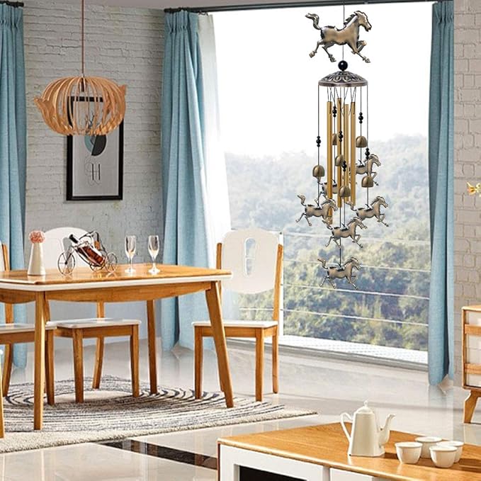 Horse Wind Chimes Decor - 35 Inch Pure Hand-Made Metal Musical Wind Bells with 4 Aluminum Tubes 6 Bells 7 Horses Mobile Wind Catcher Romantic Wind Chime for Home, Festival, Indoor/Outdoor Decoration