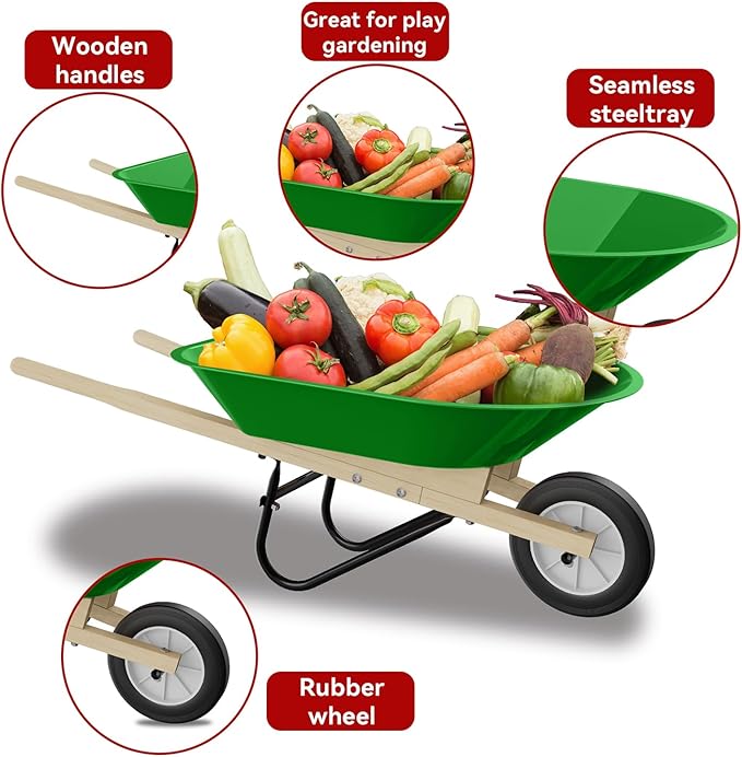 Kids Wheelbarrow Set with Gardening Tools Outdoor Backyard Garden Play for Toddlers Boys Girls 3-8, with Shovel, Rake, Leaf Rake, Easter Birthday Gifts (Green Garden Set)