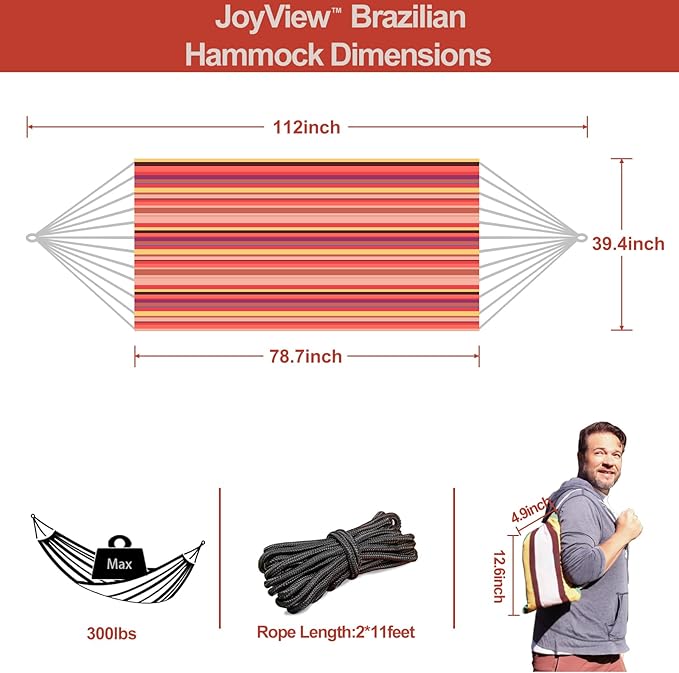 JoyView Brazilian Hammock for Single Preson Portable Hammock with Hanging Ropes & Carry Bag Large 78.8x39.4” Cotton Hammock for Patio 300LBS Capacity Perfect for Outdoor/Indoor - Red Stripe