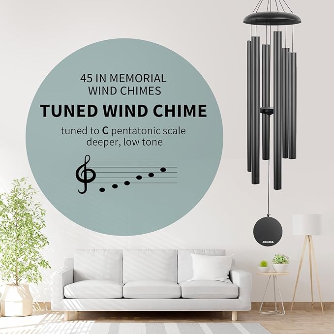Wind Chimes for Outside Memorial – 45“ Large Outdoor Sympathy Windchime Tuned to C, Deep Tone, Gift for Mom Dad, Garden Decor with Blessing Card, Black
