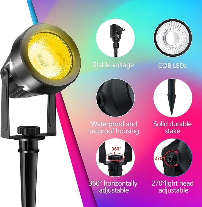 RGBW Color Changing Landscape Lighting,12V Low Voltage Landscape Lights Spotlights with Transformer Remote Control Decorative for Garden, Yard, Lawn, Pool, 50ft Cable(8 in 1)