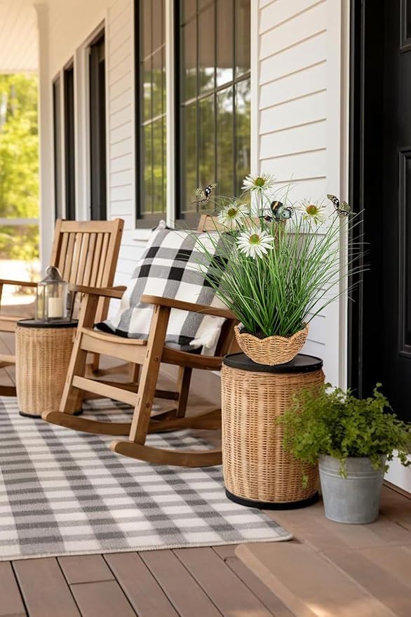 Artificial Plants Indoor with Pot, 17.3" Fake Potted Plants Artificial Onion Grass Plant with White Daisies Flowers and Butterflies Small Faux Plant Indoor for Home Living Room Table Shelf Decor