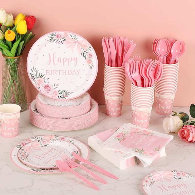 350 Pcs Coquette Pink Bow Happy Birthday Paper Plate Cute Disposable Tableware Set With Knives Fork Napinks for Baby Shower Birthday Party Favor Supplies Decorations Serves 50 Guests