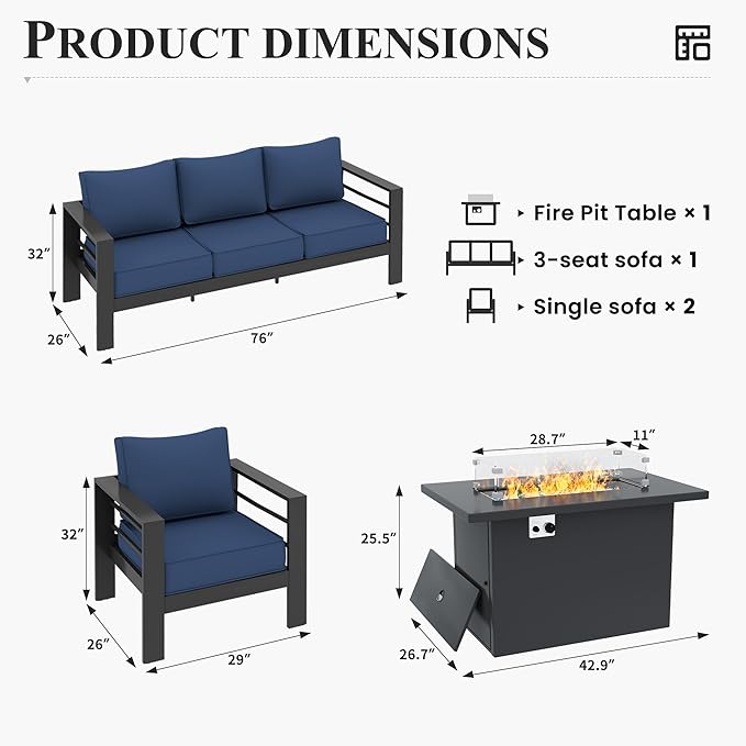 Patio Furniture Set with Fire Pit Table, Aluminum Patio Furniture Set,Grey and Blue Outdoor Metal Sectional Sofa with Aluminum Fire Pit Table for Garden Backyard (Include Waterproof Cover)