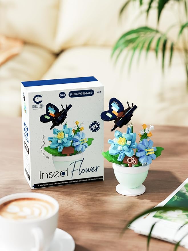 Dark Blue Butterfly Flower Mini Flower Cute Insects Potted Plant Bonsai Building Toy Blocks Particle Set Small Flowers Botanical