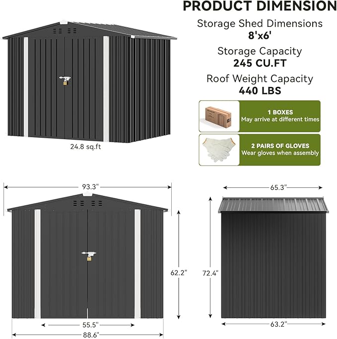 COMHOMA Shed Outdoor Storage Shed Metal,Lockable Doors Tool Sheds with Sloping Roof,Steel Garden Shed with Air Vent for Backyard,Patio,Lawn,Poolside (Grey, 8'*6')