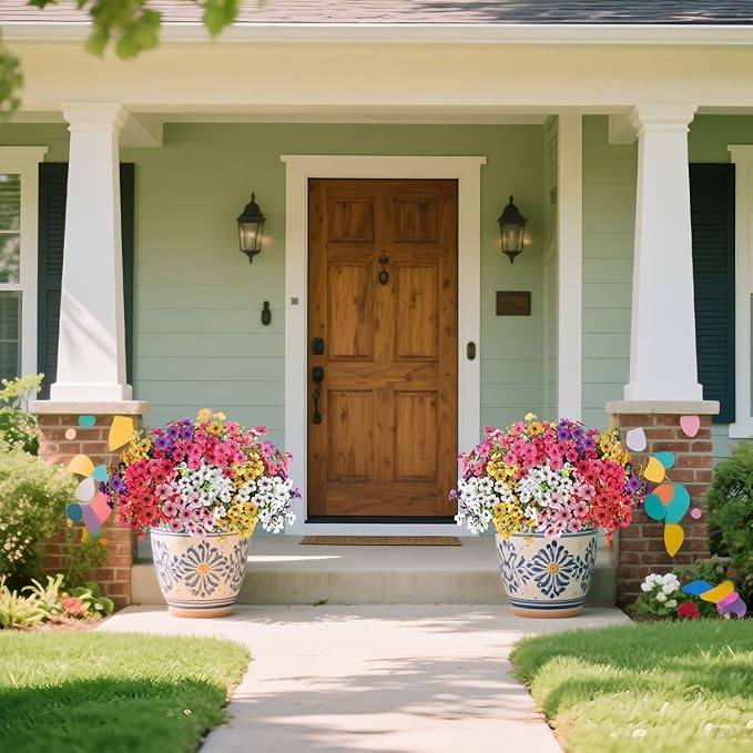 14 Bundles Artificial Flowers UV Resistant for Patio Outdoors Fake Faux Silk Plants Realistic Plastic Flowers Indoors Porch Window Decoration (14, Mixed Fuchsia Purple Yellow Red Lilac Pink White)