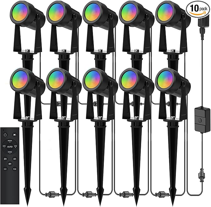Banord RGBW Color Changing Outdoor Landscape Lighting, 10 Pack Low Voltage LED Outdoor Spotlight with Remote, IP65 Waterproof for Yard, Garden, Lawn