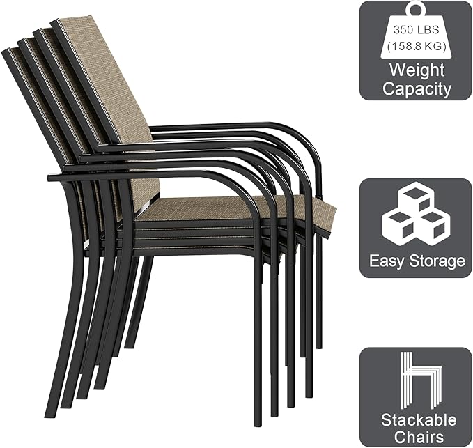 AECOJOY Patio Dining Chairs Set for 4, Stackable Textilene Patio Chairs with Armrests and Metal Frame, Outdoor Furniture Set for All Weather, Backyare, Deck and Garden, Brown