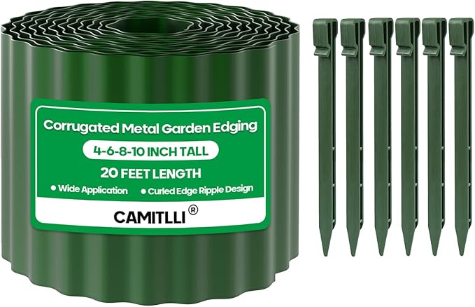 Corrugated Metal Garden Edging,Sturdy Tall Landscape Edging Borders with 6pcs Anchor Stakes, Perfect DIY for Flower Beds, Lawn and Pathway,Tree Surrounds,Paver Edges (Green 8"×20FT)
