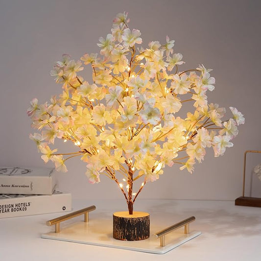 Lighted Cherry Blossom Tree Artificial, 19Inch Faux Bonsai Tree Japanese Decor, Battery Operated Floral Desktop Tree for Indoor Home Spring Summer Easter,Pink