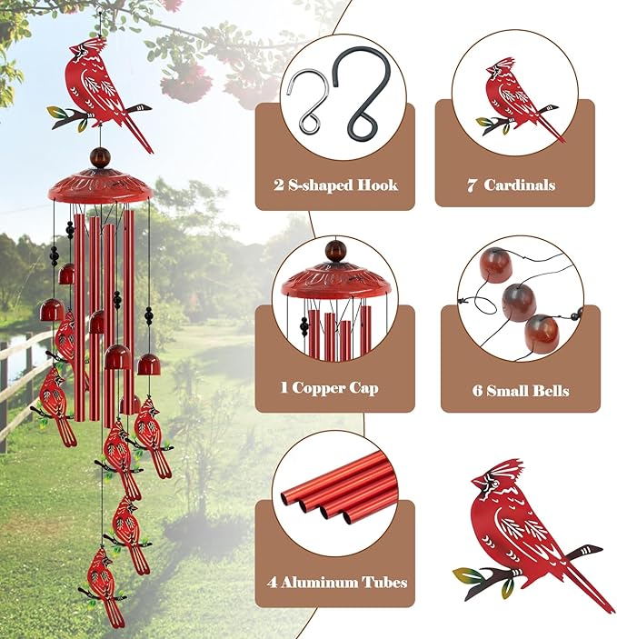 Cardinal Wind Chimes for Outside, 35'' Metal Cardinal WindChimes Gifts for Women/Men, Decoration for Outdoor, Home, Garden, Patio, Backyard