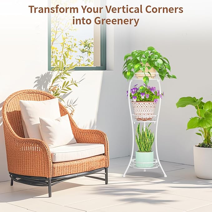 LASZOLA White 3 Tier Tall Plant Stand for Indoor Outdoor, Large Multiple Level Flower Planter Holder Organizer Rack for Patio Office Bathroom Corner Floor, Sturdy Heavy Duty Metal, Vertical Display