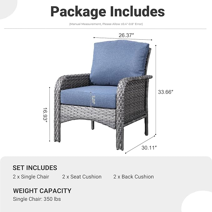 ovios 2 Pieces Patio Furniture Set, Outdoor Wicker Chairs of 2, All Weather High Back Rattan Chairs 2-Seater with Comfy Cushions for Porch Deck, Denim Blue