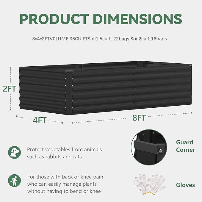 FOOWIN 4pcs 8x4x2ft Galvanized Raised Garden Bed, Planter Raised Garden Boxes Outdoor, Large Metal Raised Beds for Gardening, Garden Bed for Vegetables, Flowers, Herb,478 Gallon Capacity, Black