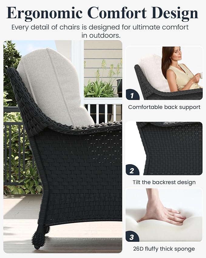 LayinSun 7 Piece Wicker Outdoor Furniture Set with 6-inch Comfy Cushions, High Back Patio Furniture Set with Rattan Armchairs and Fire Pit Table