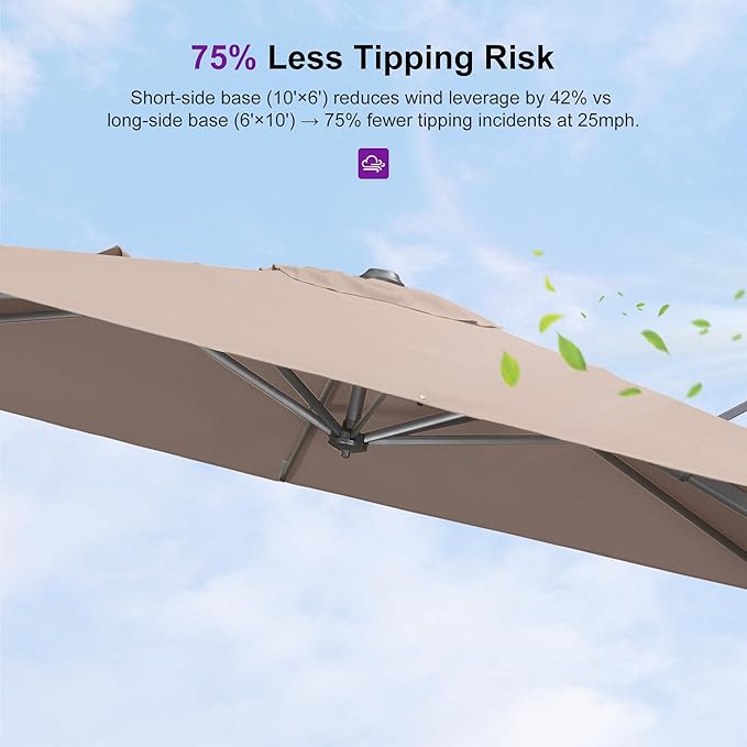 PURPLE LEAF 10' X 6.5' Swivel Outdoor Patio Aluminum Umbrella with Base Left-right Tilting Cantilever Offset Umbrella with UV Resistant Heavy Duty Fabric for Deck Pool Patio Backyard, Sand Dune