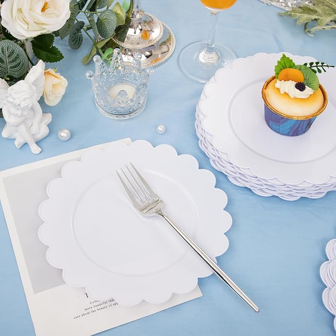 SUT 72Pcs 7.5" White Plastic Plates, Heavy Duty Disposable Plates for Weddings, Parties, Events, Fancy Dessert & Appetizer Plates | Shatterproof Bulk Party Supplies (72 Count)