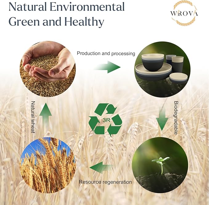 Wrova Wheat straw plates and bowls sets of 16 - Unbreakable wheat straw dinnerware sets for camping - Dishwasher safe and Freezer safe Dishes. Black & Grey