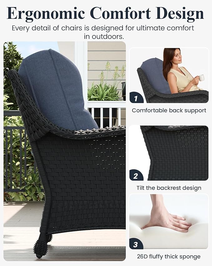 LayinSun 3 Piece Wicker Outdoor Furniture Set with 6-inch Comfy Cushions, High Back Patio Furniture Set with Rattan Armchairs and Side Table