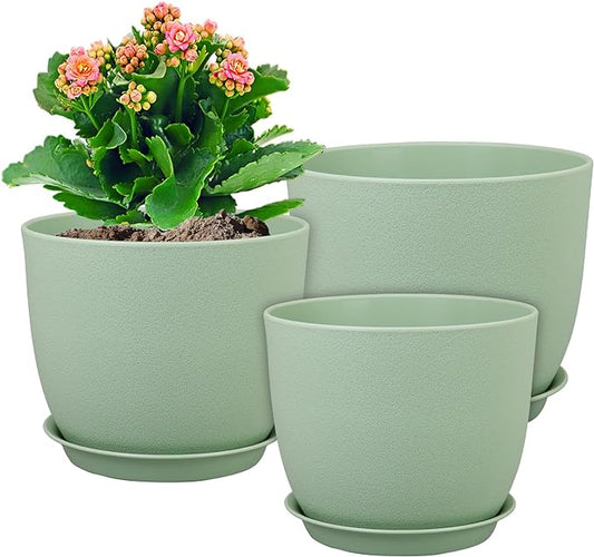 Large Plant Pots 12/10/9 inch, Set of 3 Modern Decorative Plastic Planters with Drainage Holes and Saucers, Flower Pots for Indoor Outdoor Plants, Green