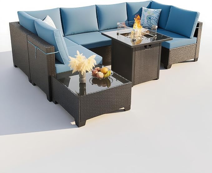 Patio Furniture Set with Fire Pit Table 28", 8-Piece Outdoor Furniture Set with Thick Cushions, Outside Wicker Sectional Sofa for Porch Garden Backyard, Coffee/Peacock Blue