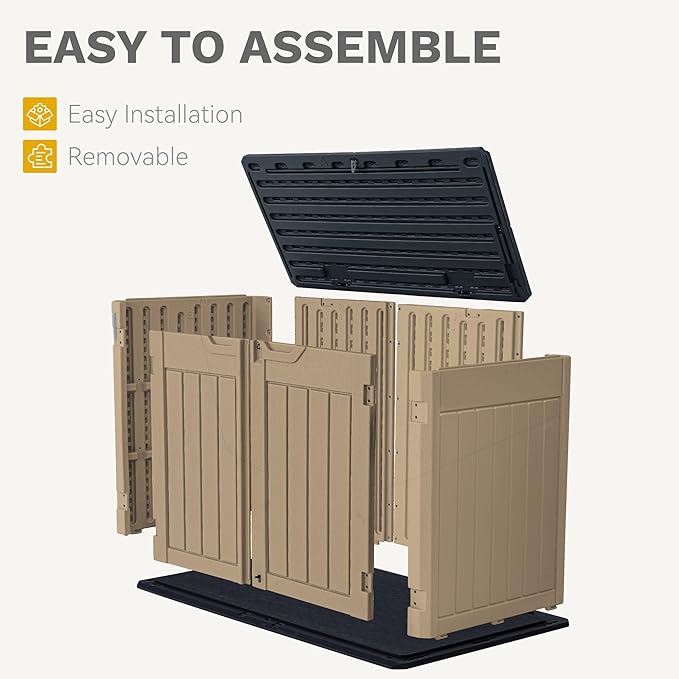 DWVO 47 cu ft Spacious Horizontal Storage Unit, Outdoor Resin Tool Locker Without Shelf, Waterproof Lockable Container with Base for Gardening, Waste Bins, Grass Cutter, 4.5x2.8x3.9 ft, Brown